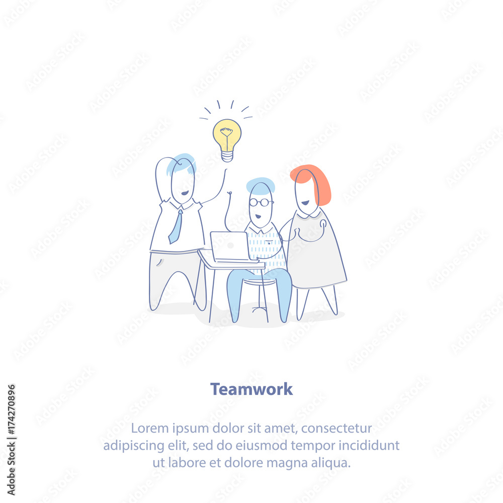 Teamwork. Team of three cute cartoon people are discussing a new idea. Isolated Vector Illustration teamwork concept in outline linear style.