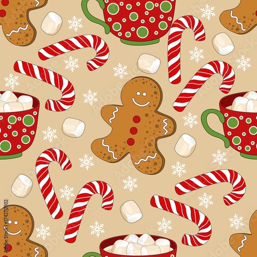 Cute Christmas holiday seamless pattern. Hand drawing vector illustration.