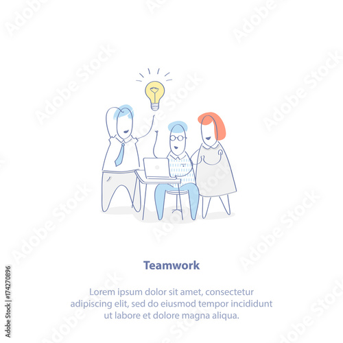 Teamwork. Team of three cute cartoon people are discussing a new idea. Isolated Vector Illustration teamwork concept in outline linear style.