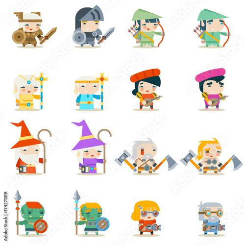 Male Female Fantasy RPG Game Character Vector Icons Set Vector Illustration