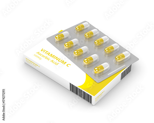 3d render of vitamin C pills on blister photo