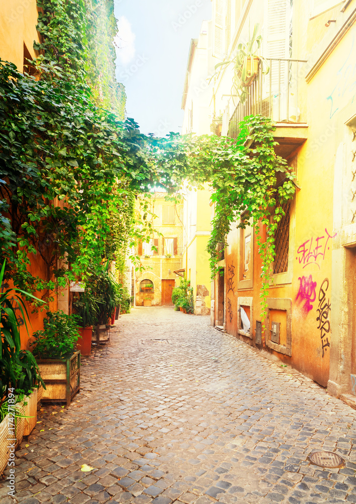 view of old town italian narrow street with blue sky in Trastevere, Rome, Italy, retro toned