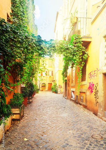 Fototapeta Naklejka Na Ścianę i Meble -  view of old town italian narrow street with blue sky in Trastevere, Rome, Italy, retro toned