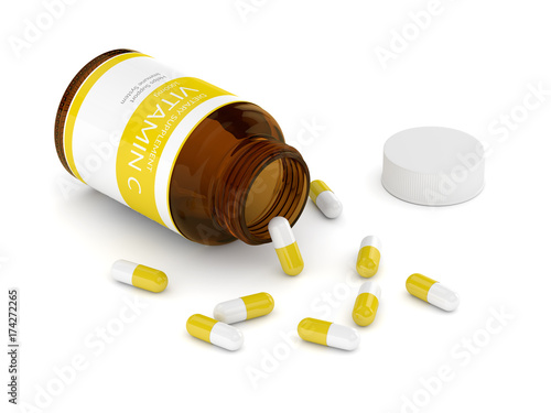 3d render of vitamin C pills in bottle