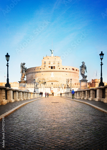 view of castle saint Angelo and brick bridge pavement, Rome, Italy, retro toned