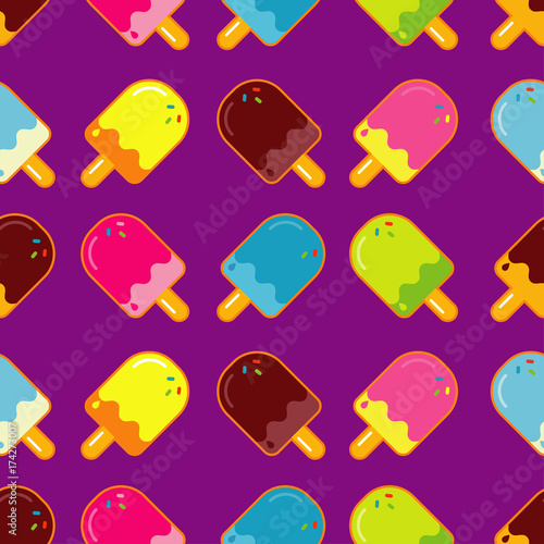 Seamless vector background with decorative Popsicle. Pattern with ice cream.  Cute cartoon Popsicle. Textile rapport.