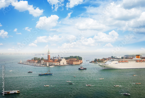 panoramic skyline of Venice old town lagoon, Italy, retro toned