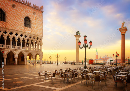 famouse Doge palace and San Marco square at sunrise, Venice, Italy, retro toned