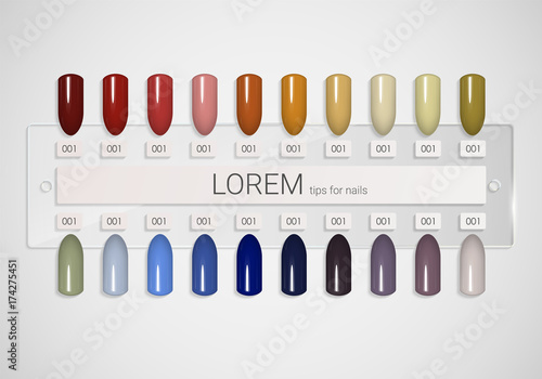 Tips. Set of false nails for manicure. Varnish color palette for nail extension. Artificial nails on transparent basis.