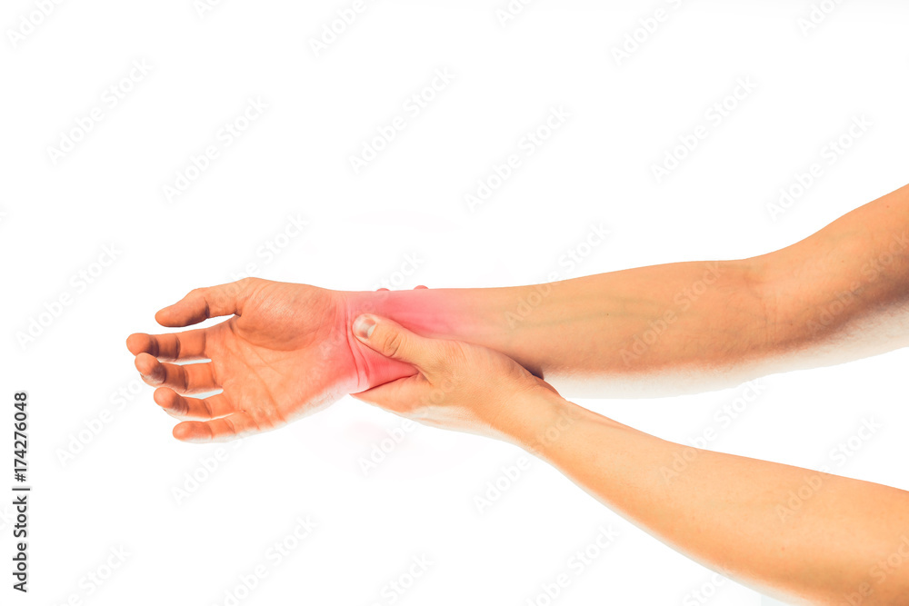 Hands indicate wrist pain. Problem with hand and wrist. Injury, too long writing on the keyboard, overworked.