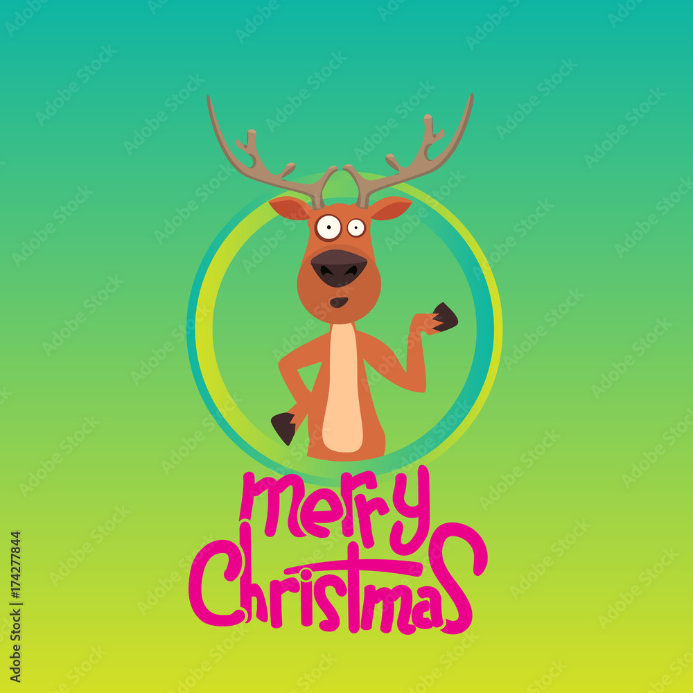 Christmas reindeer pointing at something in a circle. Merry christmas calligraphy. Vector Illustration