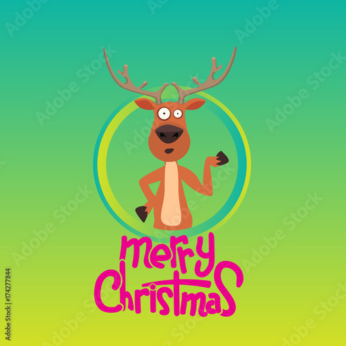 Fototapeta Naklejka Na Ścianę i Meble -  Christmas reindeer pointing at something in a circle. Merry christmas calligraphy. Vector Illustration