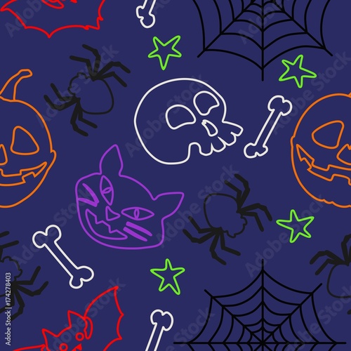 Seamless pattern with symbols of holiday of Halloween. Vector illustration.