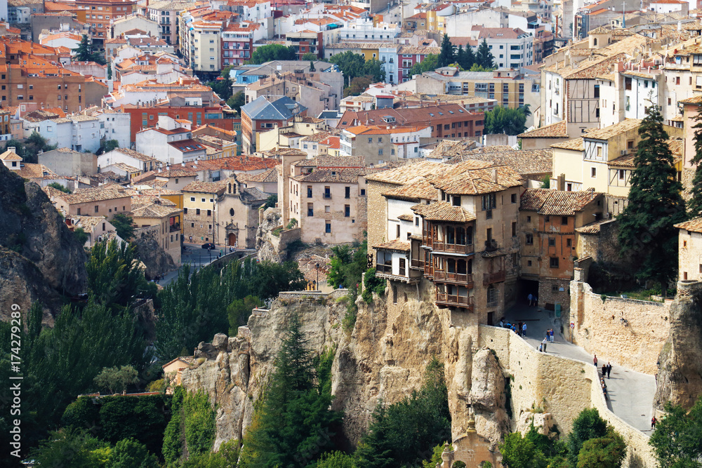 Panoramic view of the city of Cuenca, Spain, with its famous Casas Colgadas (Hanging Houses)