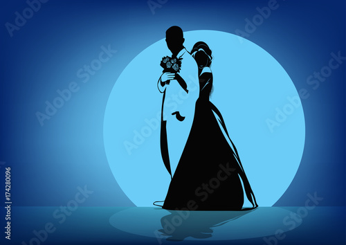 Silhouettes of the bride hugging the groom in the back against the background of the moon