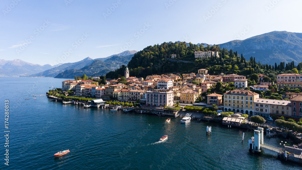 Port of Bellagio, lake of Como in Italy. Aerial view