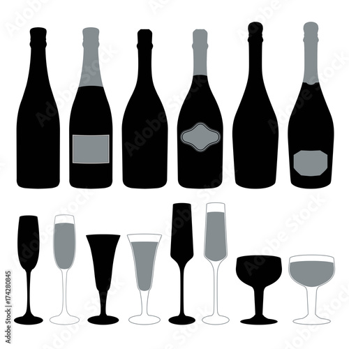 Set of silhouettes bottles and champagne glasses. Vector