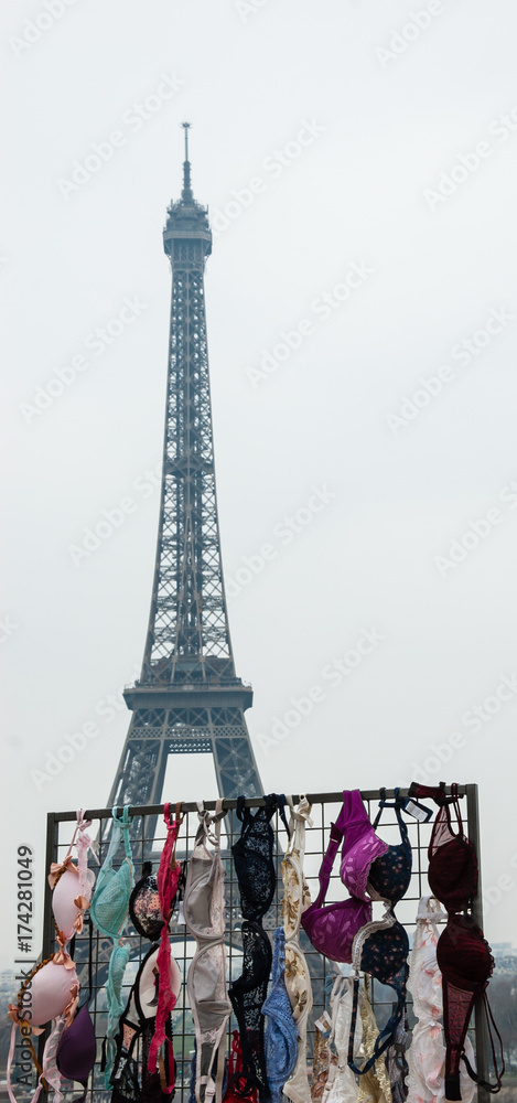 Colorful bras and Eiffel tower (Flash mob of Pink bra bazaar in