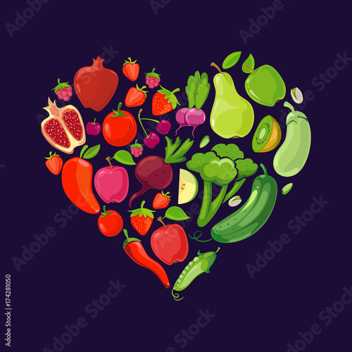 Heart shapes with fruits and vegetables