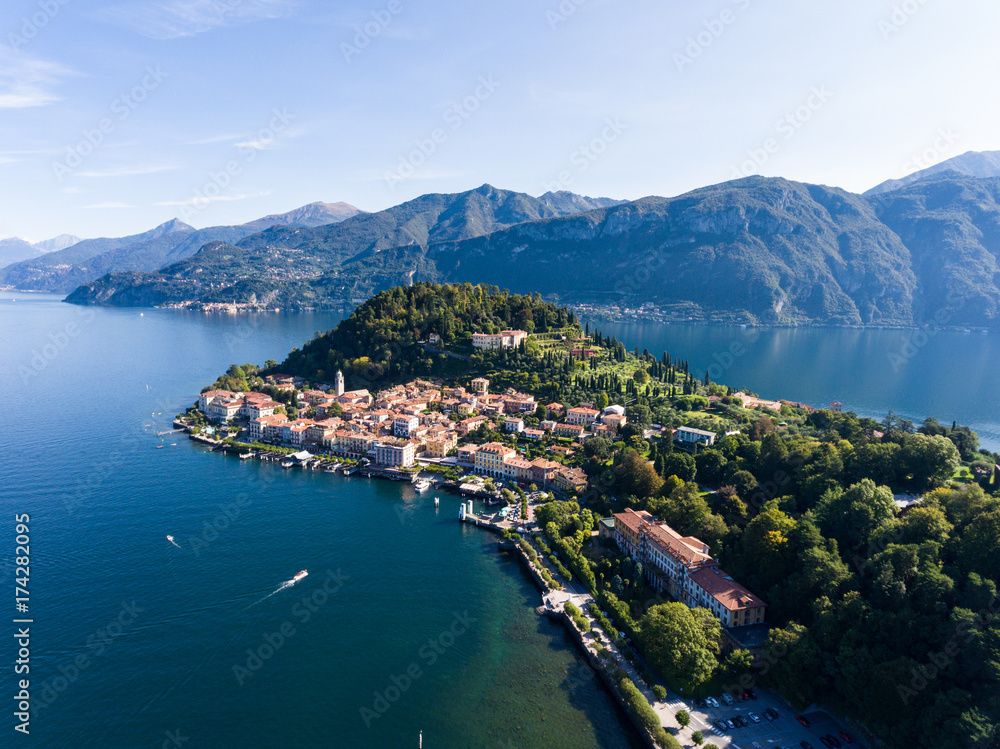 Aerial view, village of Bellagio, famous destination on Como lake in Italy