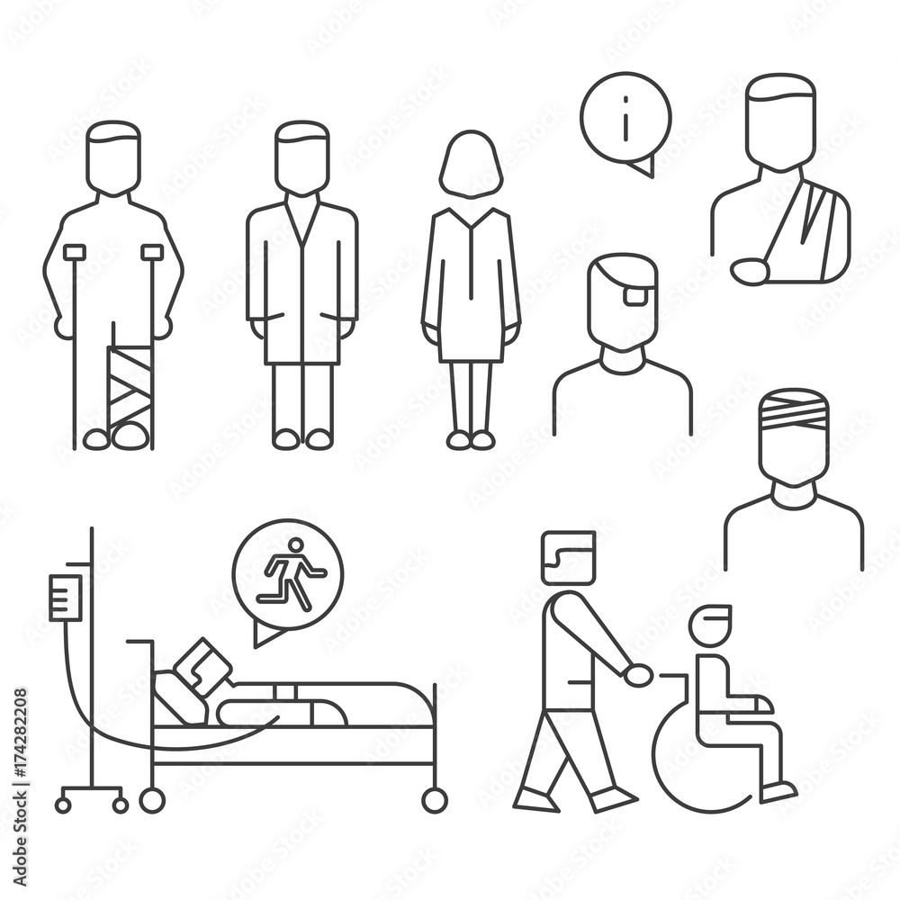 Hospital patients line icons set isolated on white Hospital patients line icons set isolated on white