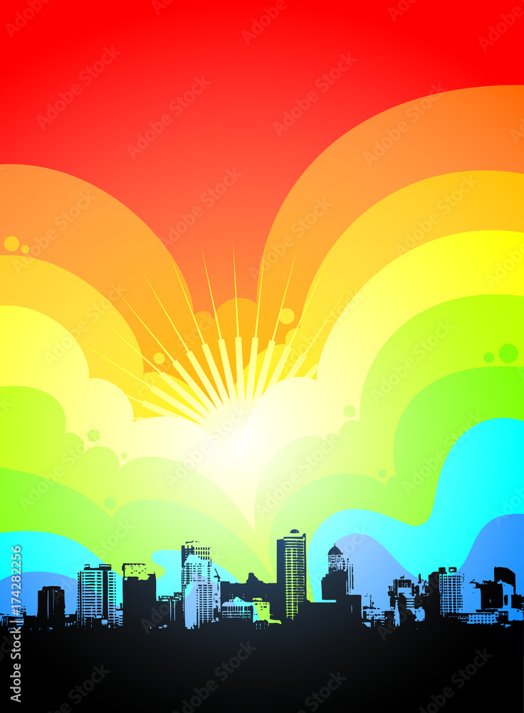 City illustration on a colorful background