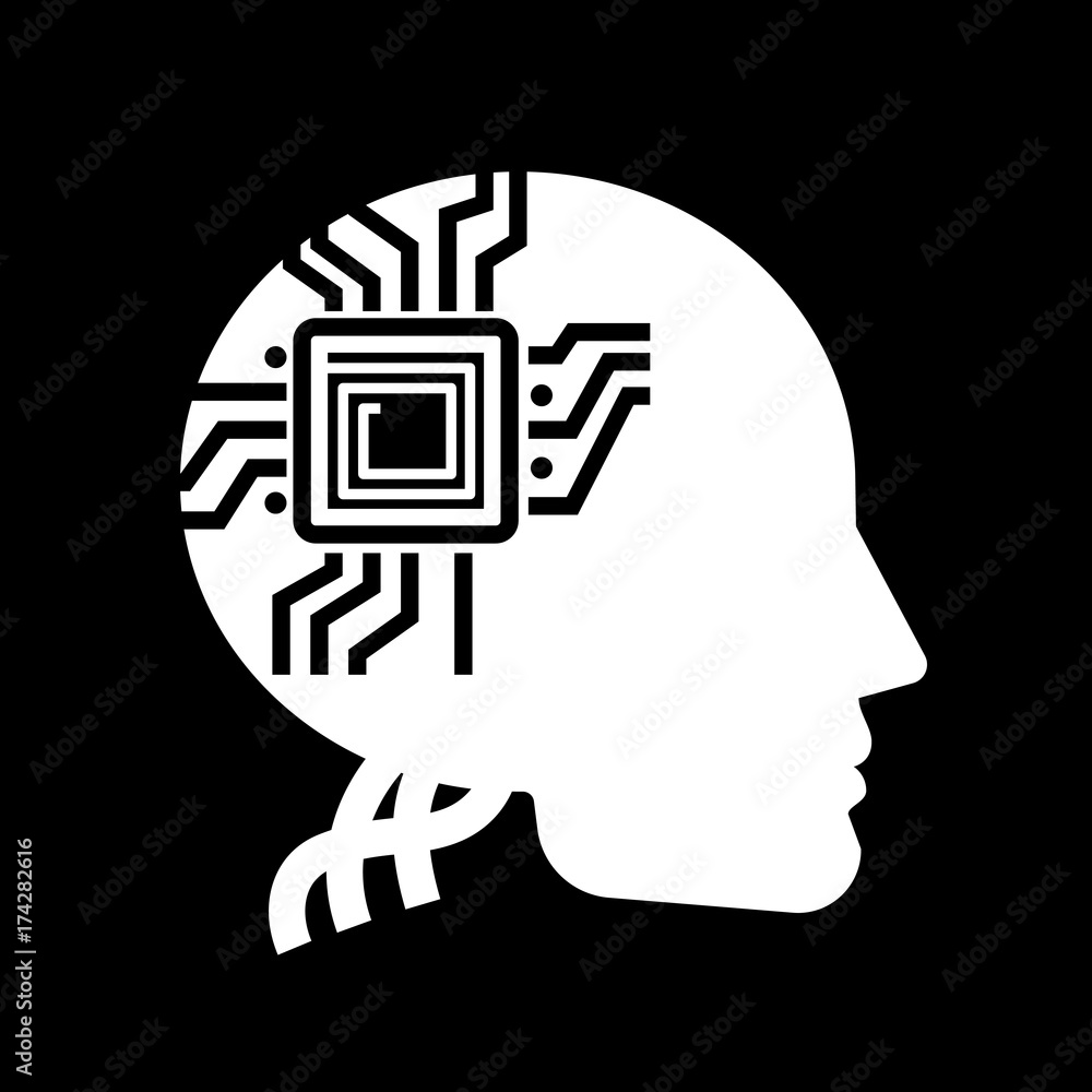 White human shape with microchip on black backdrop - future of people label design White human shape with microchip on black backdrop - future of people label design