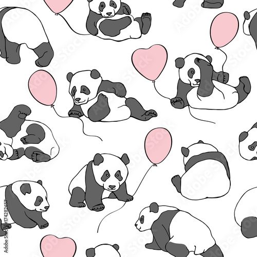 Fototapeta Naklejka Na Ścianę i Meble -  Seamless pattern. Cartoon character asian bear (panda) with a light pink balloon. Vector illustration.