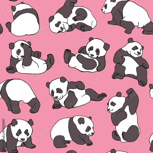 Seamless pattern with cartoon character asian bear (panda) on a pink background. Vector illustration.