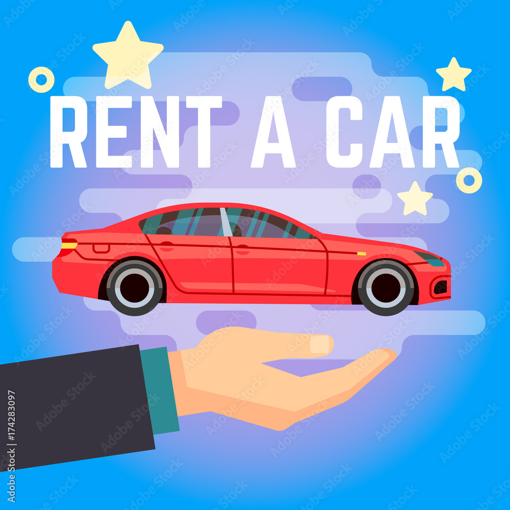 Naklejka premium Car rent vector illustration. Hand with flat-style red car on blue background