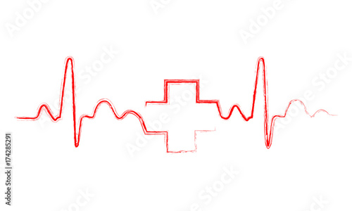 Heartbeat sign with medical cross. Vector illustration.