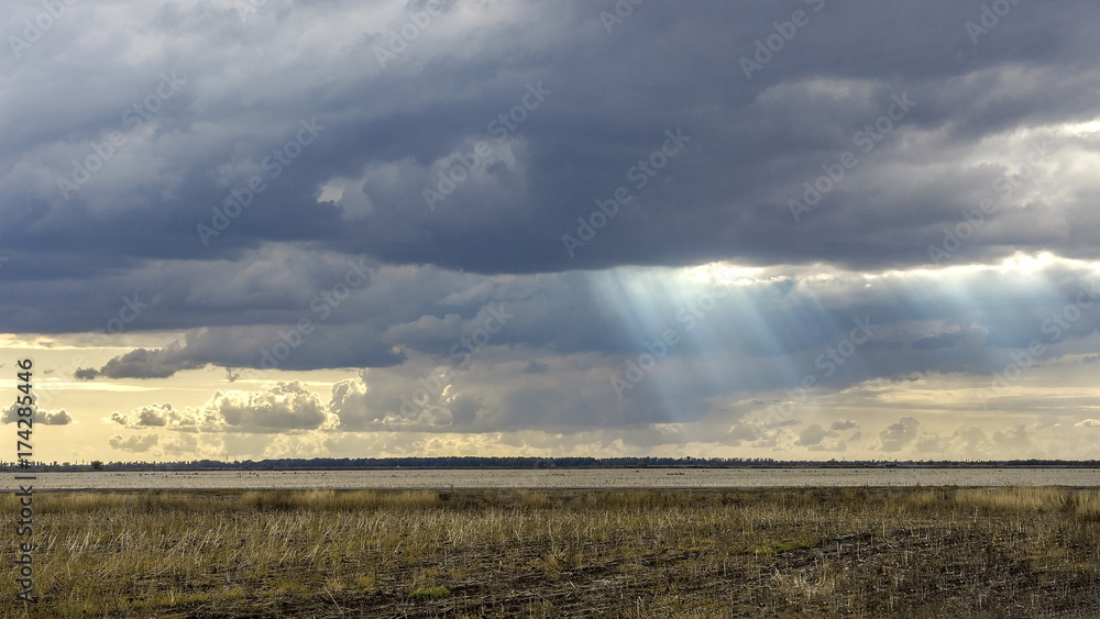 Landscape with big wheat field. weather change. Sun rays