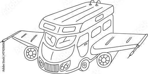 Hand drawn vector illustration rv camper motorhome concept, mobility vacation, traveling coloring page, logo template