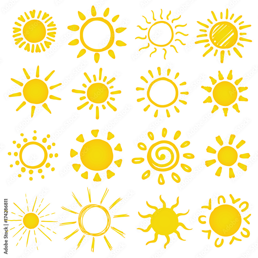 Naklejka premium zestaw ręcznie rysowane słońce na białym tle. ilustracji wektorowych