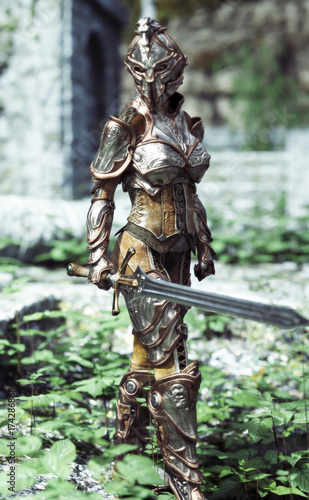 Female armored knight with sword on patrol. 3d rendering