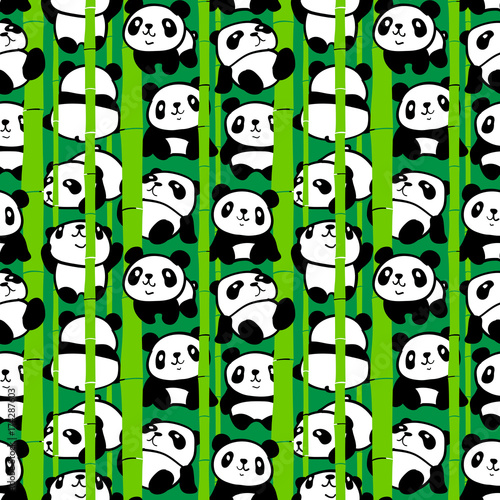 Fototapeta Naklejka Na Ścianę i Meble -  Seamless pattern with image of a too much pandas in a Bamboo forest. Vector illustration.