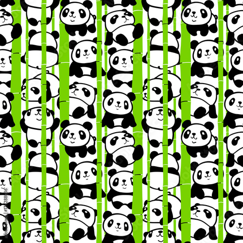 Fototapeta Naklejka Na Ścianę i Meble -  Seamless pattern with image of a too much pandas in a Bamboo forest. Vector illustration.
