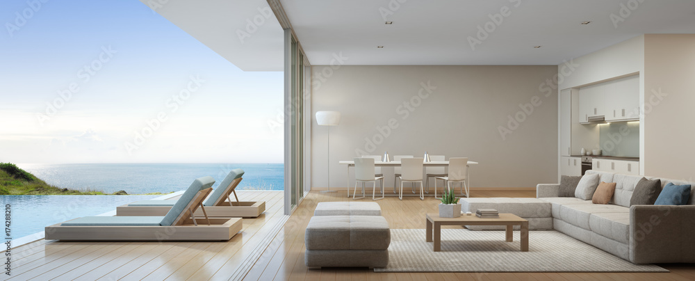 Sea view kitchen, dining and living room of luxury beach house with terrace near swimming pool in modern design. Vacation home or holiday villa for big family. Interior 3d rendering - obrazy, fototapety, plakaty 