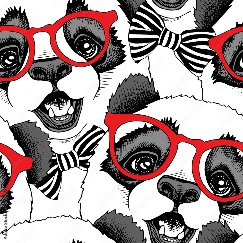 Fototapeta premium Wzór z wizerunkiem dziecka Panda w czerwonych okularach z krawatem. Ilustracji wektorowych.