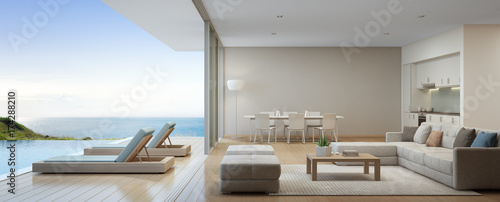 Sea view kitchen, dining and living room of luxury beach house with terrace near swimming pool in modern design. Vacation home or holiday villa for big family. Interior 3d rendering © terng99