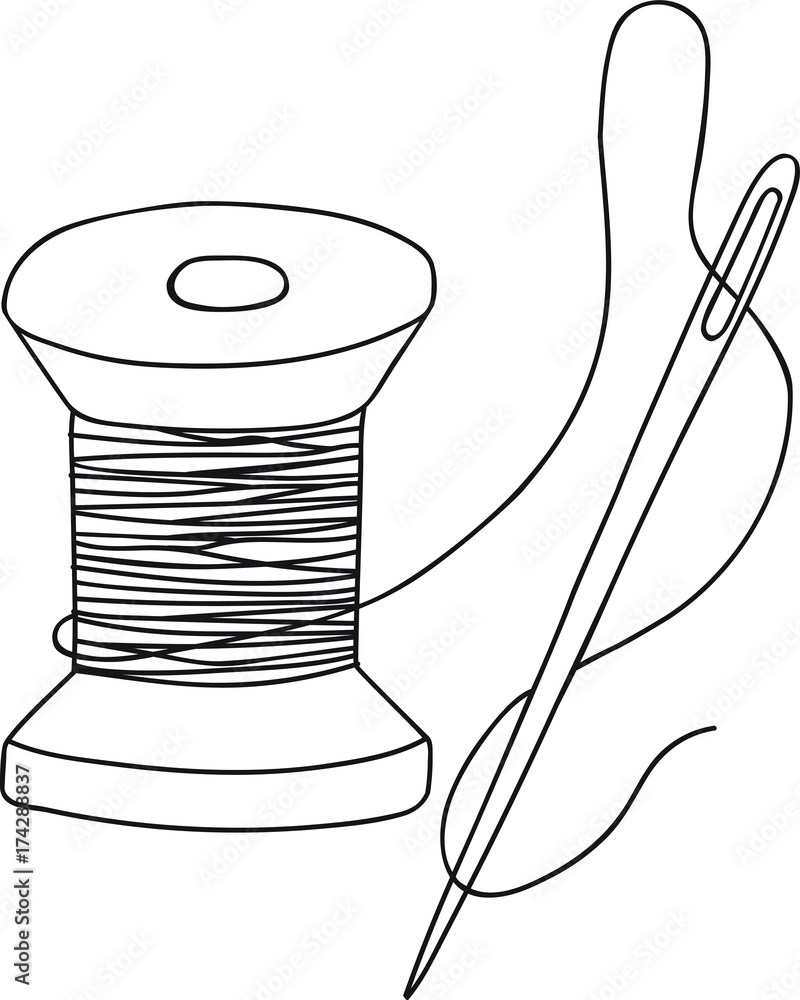 Hand drawn vector illustration vintage wooden spool thread needle ...