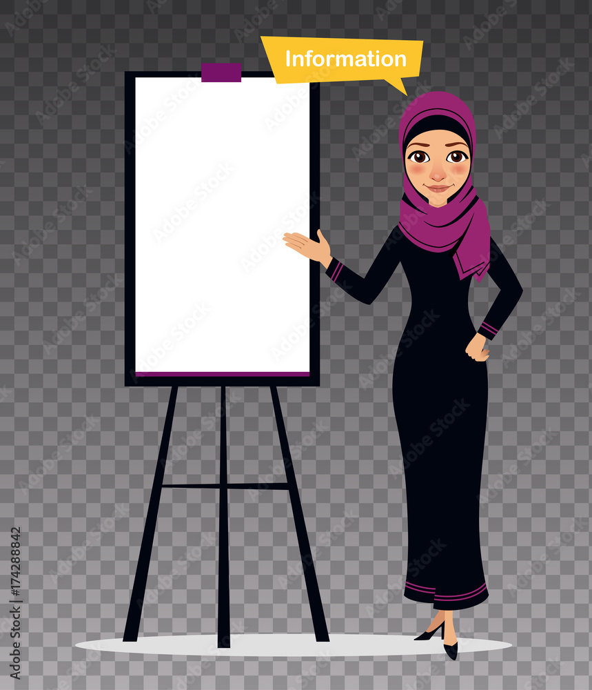 Arab business character standing near flipchart. Illustration on transparent background. Arab business character standing near flipchart. Illustration on transparent background.
