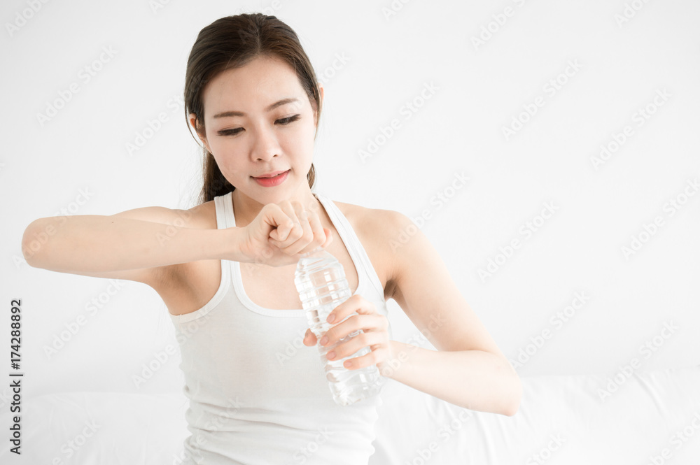 Asian beauty woman drink clean water in morning for healthy Asian beauty woman drink clean water in morning for healthy