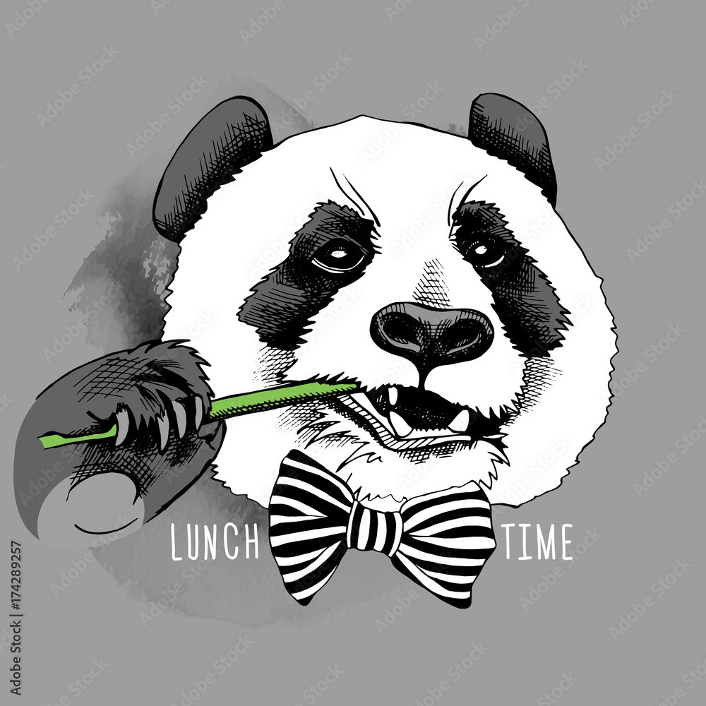 Obraz premium Panda portrait in a tie with bamboo branch on gray background. Vector illustration.