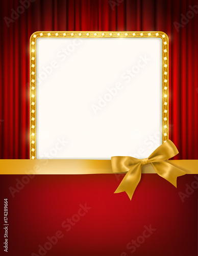 golden frame with light bulbs, cinema theater red curtains and a bow and ribbon border holiday design template background. vector illustration
