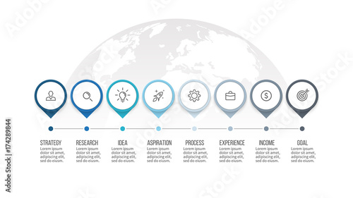 Business process. Timeline infographics with 8 steps, options, arrows. Vector template.
