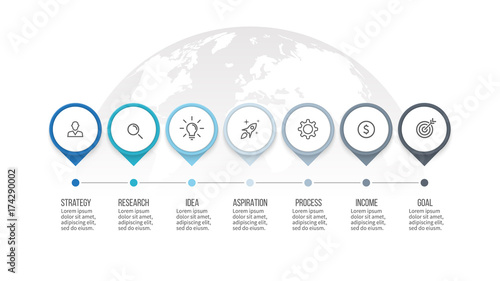 Business process. Timeline infographics with 7 steps, options, arrows. Vector template.