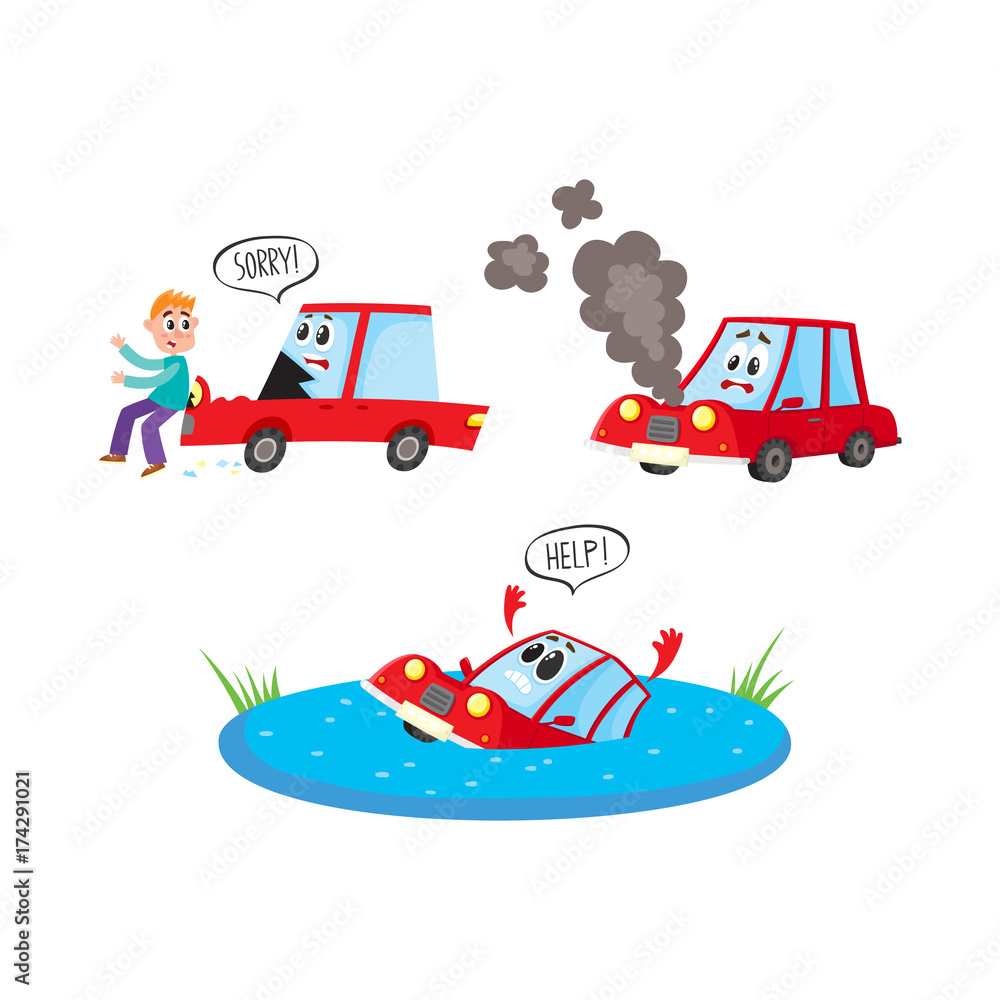 vector flat car characters with face accident set. Vehicle drawing saying help, car hit pedestrian saying sorry, auto broken with smoke from hood . Isolated illustration on a white background vector flat car characters with face accident set. Vehicle drawing saying help, car hit pedestrian saying sorry, auto broken with smoke from hood . Isolated illustration on a white background