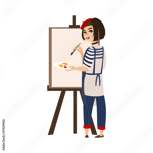 vector flat cartoon woman artist painter wearing beret drawing on easel canvas. French parisian style female portrait full length. Isolated illustration ona white background