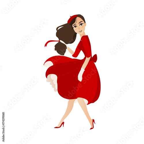 vector flat cartoon beautiful young woman in red felt beret, long dress smiling. French, parisian style female portrait full length. Isolated illustration ona white background.